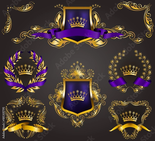 Obraz Set of golden royal shields with floral elements, ribbons, laurel wreaths for page, web design. Old frame, border, crown in vintage style for monograms, label, emblem, badge, logo. Illustration EPS10
