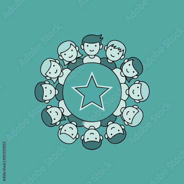 Obraz Diverse individuals forming a harmonious circle around a prominent star on a solid background for visual communication