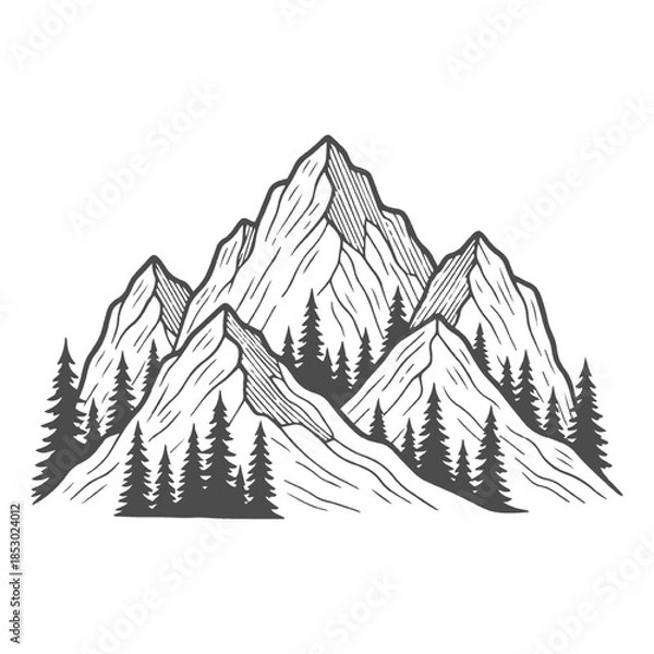 Obraz Mountain Range with Pine Forest Line Art