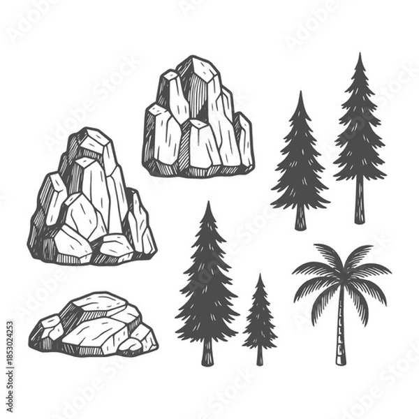 Obraz Hand-drawn Nature Elements Rocks and Trees Sketch Collection