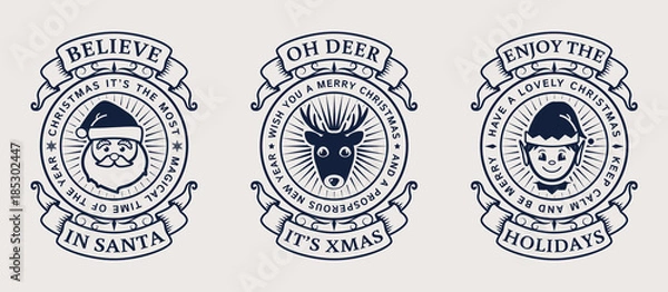 Obraz Christmas emblems with Santa, Elf and deer.