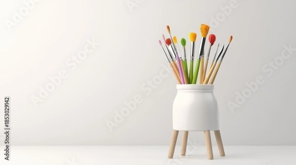 Obraz Colorful Paint Brushes in a White Holder on a Light Background