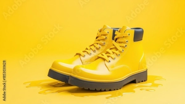 Obraz Bright Yellow Rubber Boots on Yellow Surface with Water Puddle