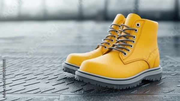 Obraz Bright Yellow Boots with Modern Design on Industrial Background