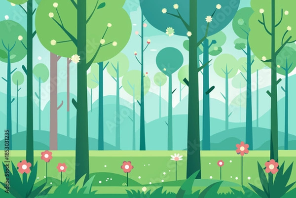Obraz Flat Design Spring Forest Landscape with Flowers and Trees nature