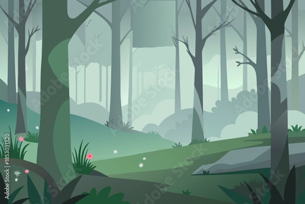 Obraz Forest path with pink and white wildflowers and soft mist nature trees