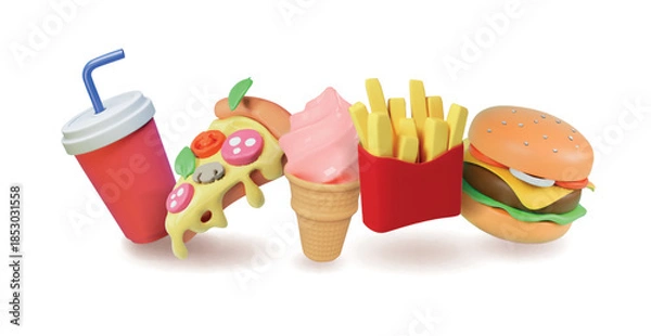 Fototapeta French fries, ice cream, burger, pizza and cola. Vector illustration of realistic set of fast food icon. 3d style design of fast food with fries, ice cream cone, pizza, hamburger, soda