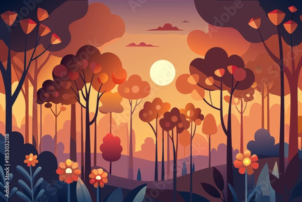 Obraz Stylized forest landscape at sunset with orange and purple hues nature trees