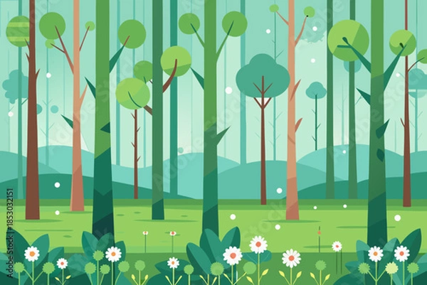 Obraz Stylized Forest Scene with Daisies and Green Foliage nature spring