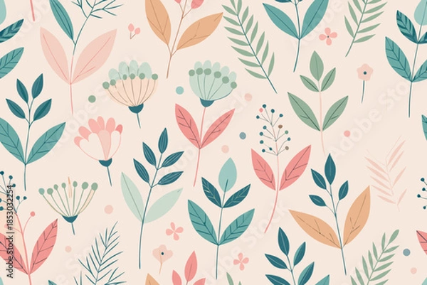 Obraz Whimsical Botanical Pattern with Pastel Flowers and Leaves floral