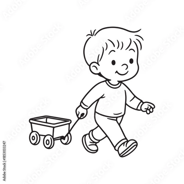Obraz  Line Drawing of Child Walking and Pulling Wagon on White Background