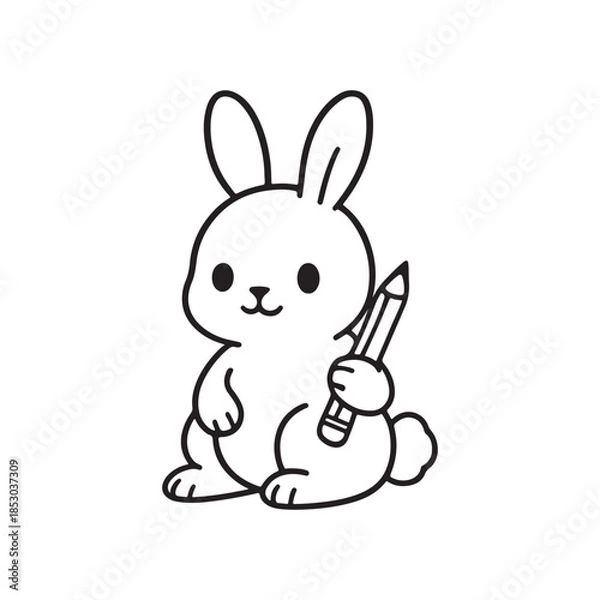 Obraz Line Drawing of Cartoon Rabbit Holding Pencil with Friendly Expression on White Background