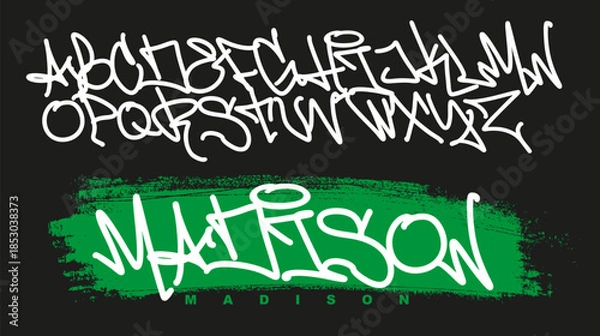 Obraz Graffiti art alphabet. Decorative graffiti font vector with hand-drawn street art letters, spray paint style typography, urban design.