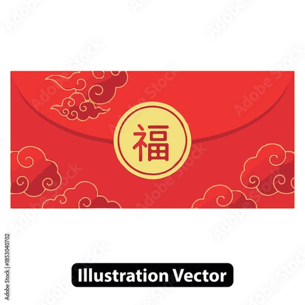 Obraz Red Envelope with Golden Cloud Patterns and Chinese Cloud Illustration