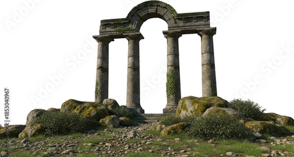 Fototapeta Ancient stone archway ruins featuring three weathered columns and an arched lintel stand atop moss covered rocks and green ground cover with small white flowers Architecture Monument
