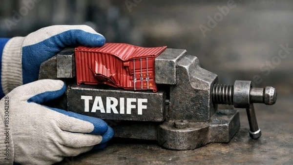 Obraz Import Tariffs policy impact concept. A hand holding a vise compressing objects labeled "tariff.