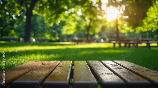 Obraz Installing new lawn.empty table with blurred background