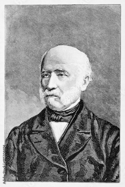 Fototapeta Ancient close up portrait of a important old man with a serious look. Giuseppe Avezzana (1797 - 1879) Italian soldier and politician. By E. Matania, on Garibaldi e i Suoi Tempi Milan Italy 1884