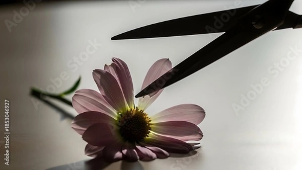 Obraz Scissors cutting pink daisy flower on white surface