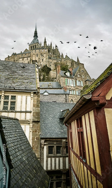 Obraz Mont Saint-Michel Medieval Village and Abbey with Birds Flying, Normandy, France