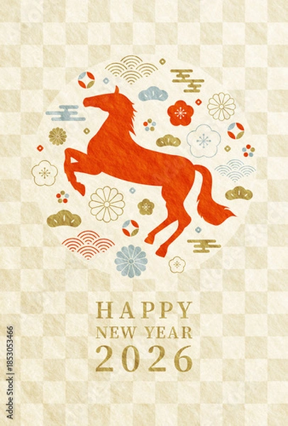 Obraz 2026年 午年　馬と梅と和柄　おしゃれな和紙の年賀状 縦