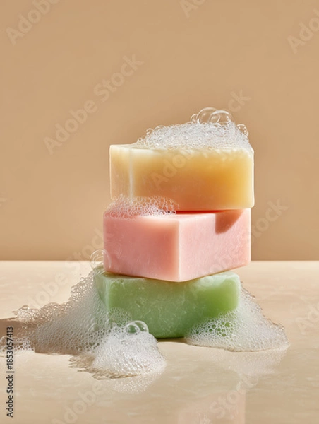 Obraz Colorful soap bars stacked with bubbly foam on a soft beige background