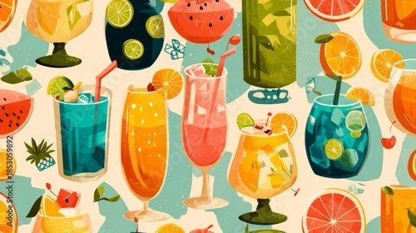 Obraz Cute drinks. Seamless pattern. Summer beverages background. 