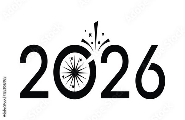 Fototapeta Happy new year 2026 with fireworks and confetti design. Modern black and white new year 2026 vector text illustration.