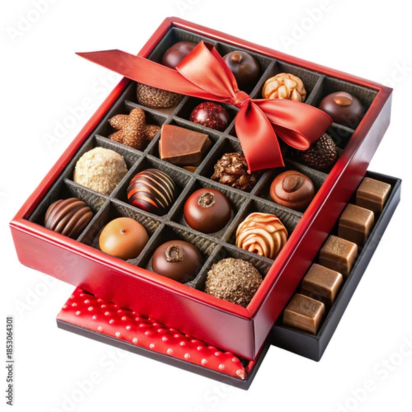 Obraz Red box assorted chocolates red ribbon gift present transparent background Isolated