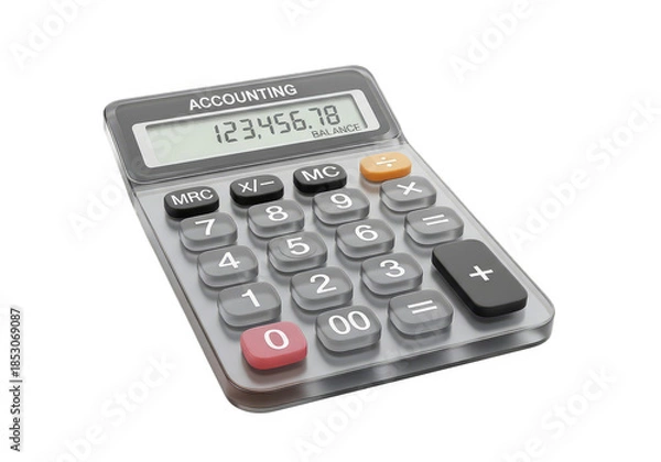 Fototapeta Close up of a modern gray accounting calculator with a digital display showing 12345678 and various buttons for calculation and memory functions isolated on a Transparent background