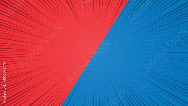 Fototapeta Halftone Comic Background Split with Red and Blue Rays