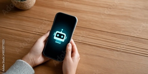 Obraz Hands holding smartphone with digital interface displaying smart robot features and artificial intelligence technology on wooden table background