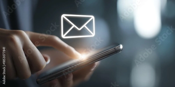 Obraz Person Interacting with Digital Envelope Icon on a Modern Interface, Highlighting Notification of New Messages on Smartphone in Soft Focus Background