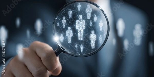 Obraz Businessman Examining Digital Network of Professionals Through Magnifying Glass for Insights on Team Dynamics and Collaboration Strategies