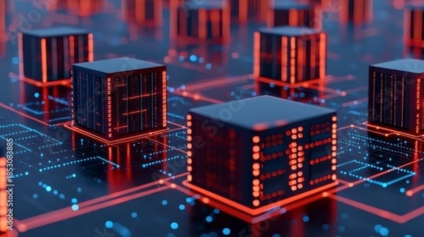 Obraz A futuristic digital landscape featuring glowing cubes on a circuit board, symbolizing advanced technology and data processing.