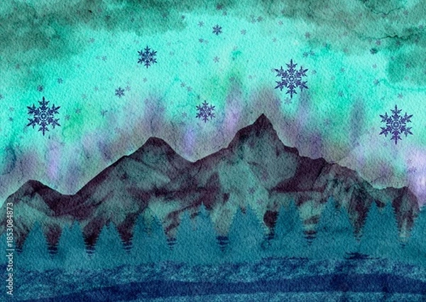 Fototapeta Winter scene with snowflakes trees and mountains in digital art.