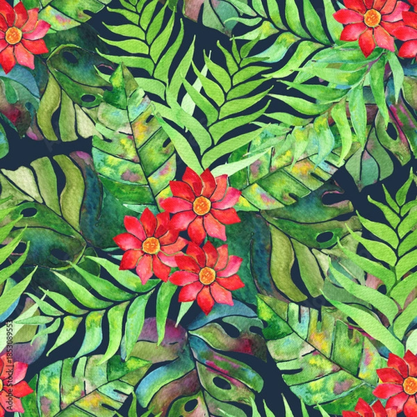 Fototapeta Watercolor tropical palm leaves with red flowers seamless pattern on blue background