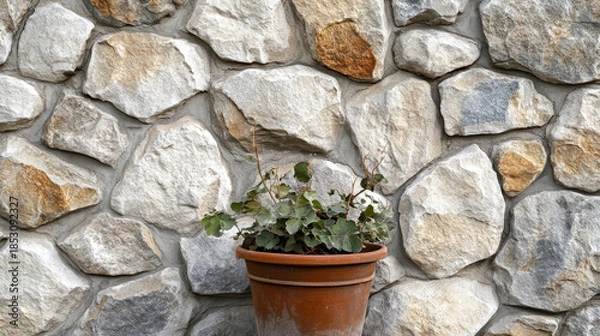 Obraz Potted Plant Against Rustic Stone Wall