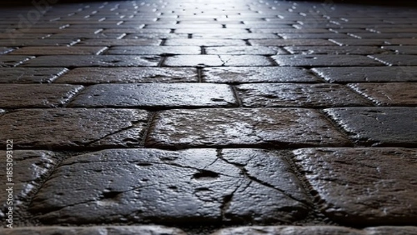 Obraz Textured wet cobblestone pathway illuminated by distant light, creating a deep and reflective perspective