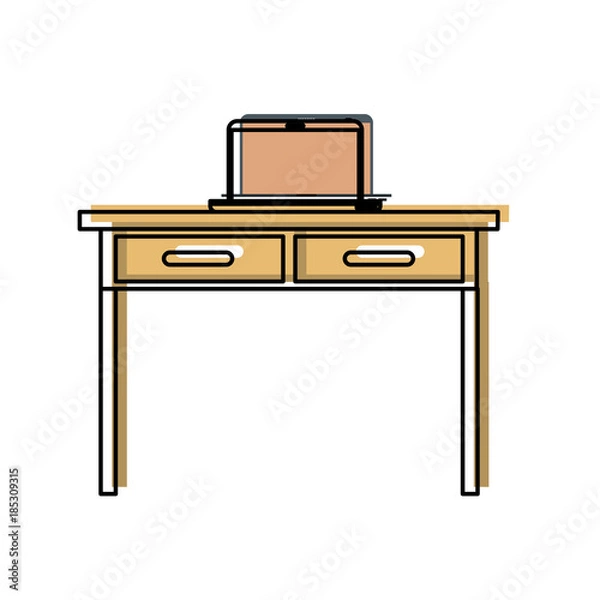 Fototapeta desk table with drawers and laptop computer above in front view in watercolor silhouette