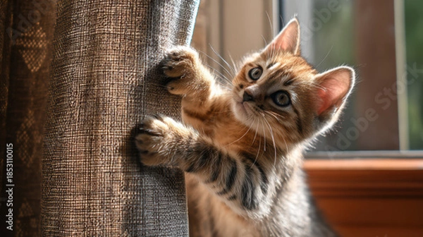 Obraz mischievous kitten climbing curtains