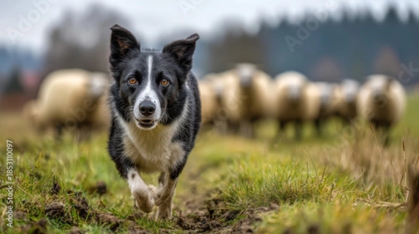 Obraz border collie herding sheep on a farm background