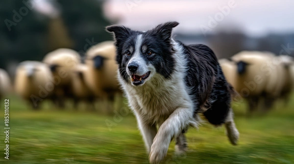 Obraz border collie herding sheep on a farm background