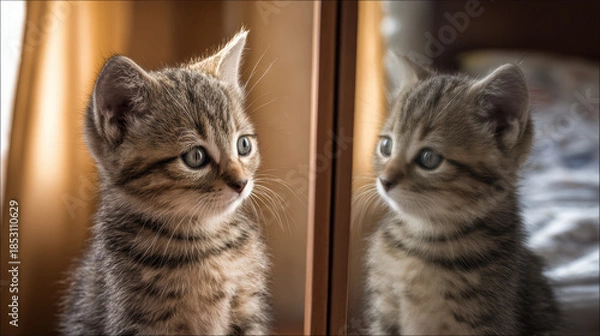 Obraz kitten observing its reflection in water