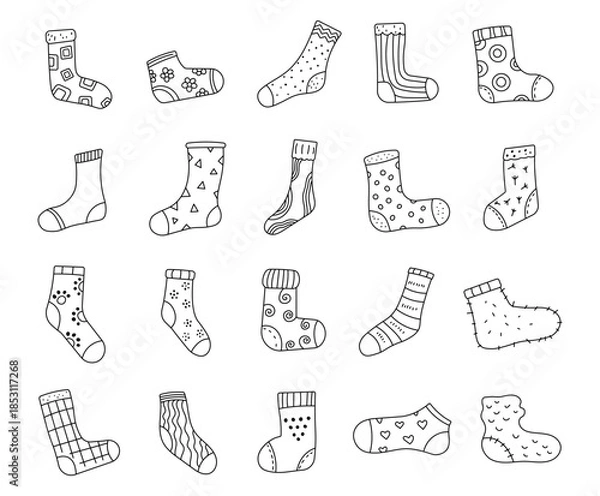 Obraz Sock set in outline line art featuring cozy clothing ornaments designed for nursery kids apparel decor illustration projects and handmade textile concepts