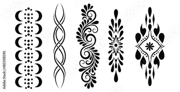 Obraz Collection of five black and white intricate henna body art and temporary tattoo stencil designs