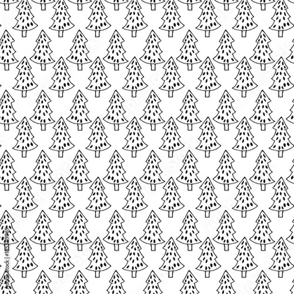 Obraz Hand drawn black and white christmas tree seamless pattern.