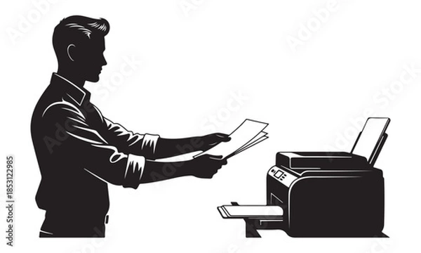 Fototapeta Man in silhouette using a printer with papers