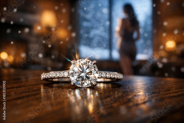 Obraz Diamond Engagement Ring Sparkling On Wooden Table With Snowy Window And Blurred Woman In Background