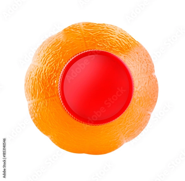 Obraz Orange juice plastic bottle with red cap top view